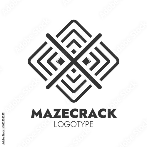 "Maze Crack Logotype" - A modern, minimalist, and geometric logo design featuring an intricate pattern of interconnected shapes and angles in a monochrome color scheme, conveying a sense of complexity