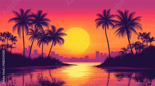 A Beautiful Tropical Sunset with Palm Trees Silhouetted Against a Vivid Orange and Pink Sky, Reflected on Tranquil Waters Below. Ideal for Beach-Themed Designs, Travel, and Nature Photography