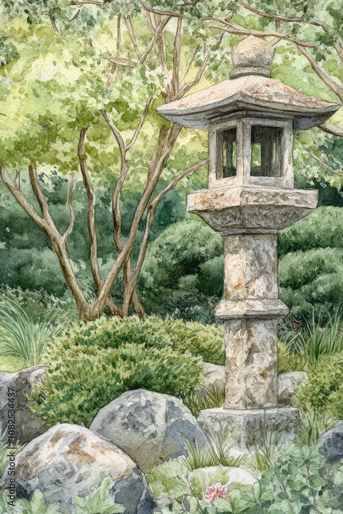 Japanese Zen Garden with Stone Lantern, Watercolor Illustration of Peaceful Landscape Design Japanese Zen Garden with Stone Lantern, Watercolor Illustration of Peaceful Landscape Design