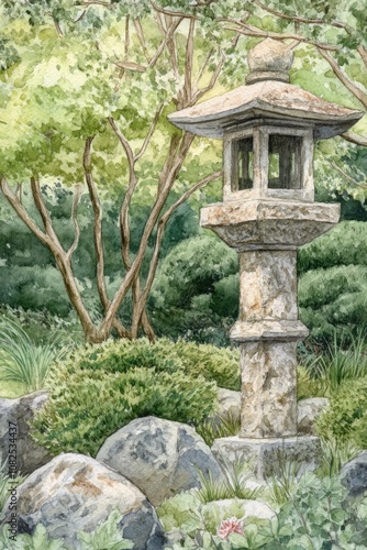 Japanese Zen Garden with Stone Lantern, Watercolor Illustration of Peaceful Landscape Design