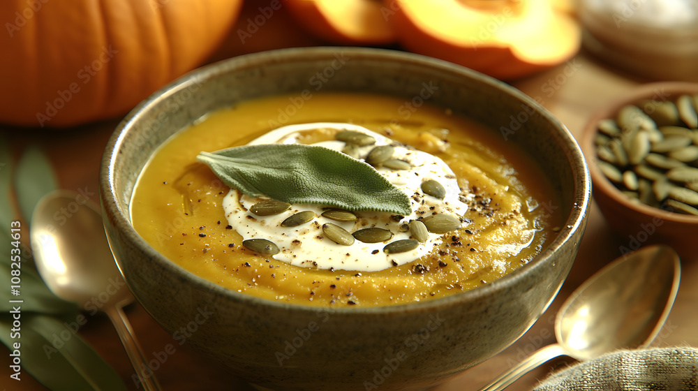 A Deliciously Creamy Pumpkin Soup with Toppings and Rustic Surroundings to Inspire Food Photography A Deliciously Creamy Pumpkin Soup with Toppings and Rustic Surroundings to Inspire Food Photography