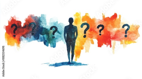 Silhouette of a person surrounded by vibrant watercolor question marks.