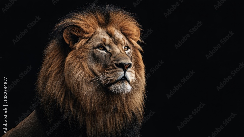 Majestic Lion Portrait Against Black Background Majestic Lion Portrait Against Black Background