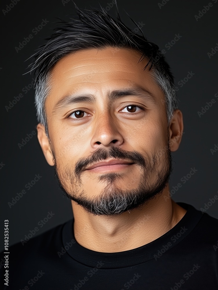 Obraz premium Portrait of a young Bolivian man with a beard with a thoughtful expression, soft studio lighting on a dark background