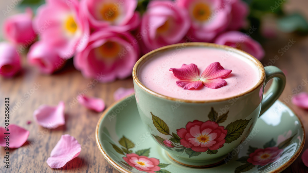 Pink matcha latte with flower petals atop a floral teacup on a wooden table. Pink matcha latte with flower petals atop a floral teacup on a wooden table.