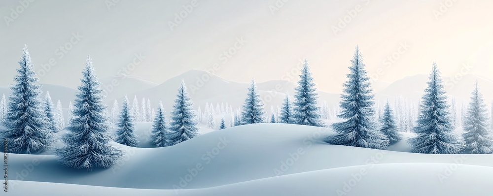 Snow covered rolling hills and pine trees creating a serene winter wonderland Snow covered rolling hills and pine trees creating a serene winter wonderland