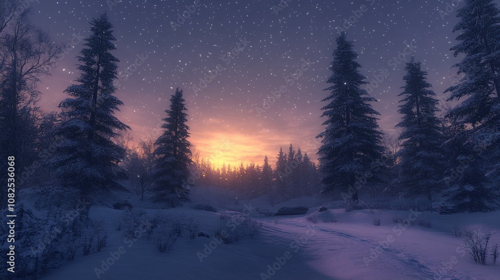 Snowy forest with tall trees at sunset with a dusting of snow and starry night sky. Snowy forest with tall trees at sunset with a dusting of snow and starry night sky.