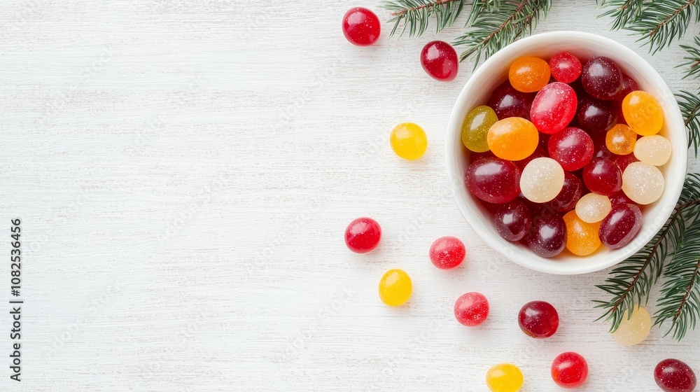 Christmas candy fruity concept, A vibrant assortment of colorful jelly candies in a white bowl, surrounded by fresh greenery on a light wooden surface. Christmas candy fruity concept, A vibrant assortment of colorful jelly candies in a white bowl, surrounded by fresh greenery on a light wooden surface.