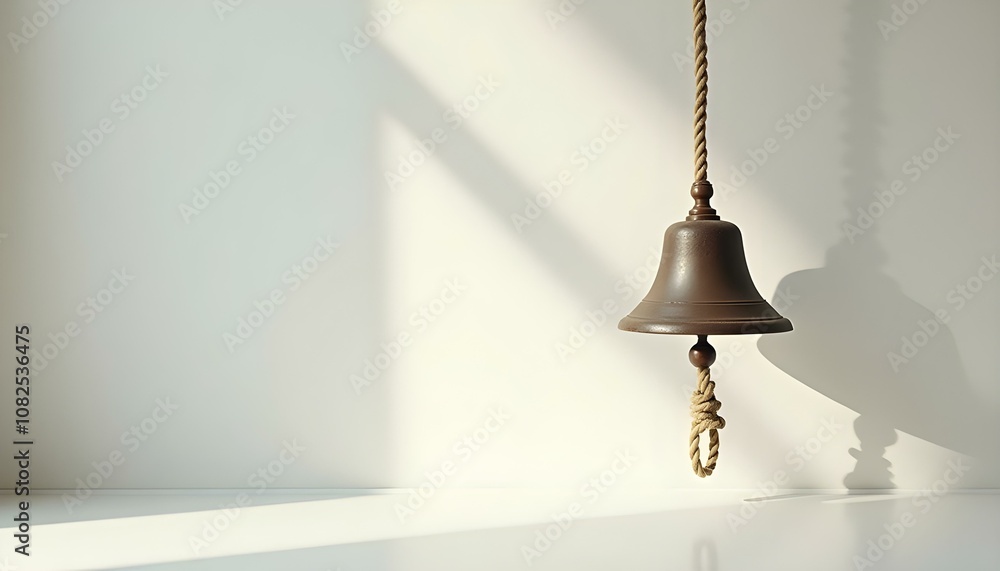 Obraz premium an iron bell with a rope hanging from it, placed on a smooth white surface create with ai