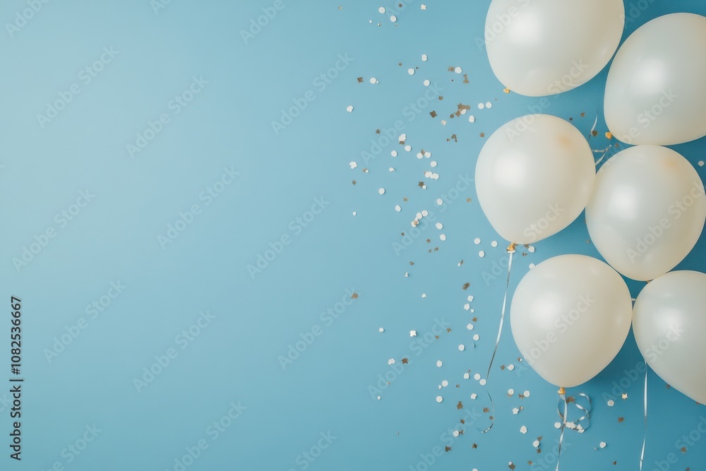 Birthday Party Scene with Balloons and Confetti on a Blue Background Birthday Party Scene with Balloons and Confetti on a Blue Background