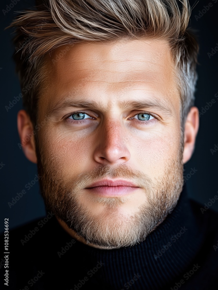 Obraz premium Portrait of a young British man with a beard with a thoughtful expression, soft studio lighting on a dark background