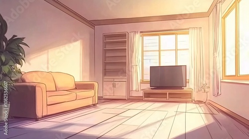 A clean, simple room in anime style, featuring a couch and a TV set against a minimalist wall, warm and inviting tones