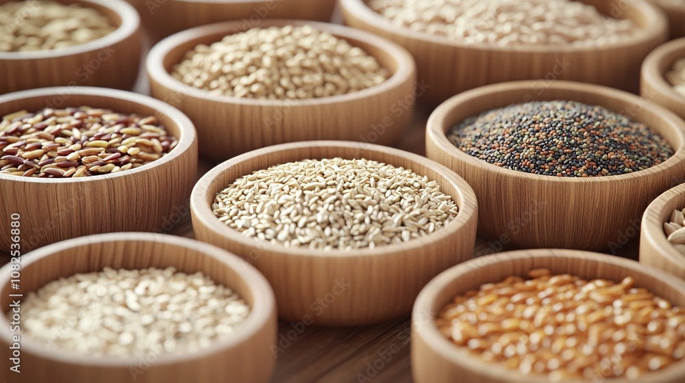 A Variety of Colorful Seeds and Grains Displayed in Wooden Bowls, Showcasing Their Natural Textures and Rich Nutritional Diversity on a Table Surface A Variety of Colorful Seeds and Grains Displayed in Wooden Bowls, Showcasing Their Natural Textures and Rich Nutritional Diversity on a Table Surface