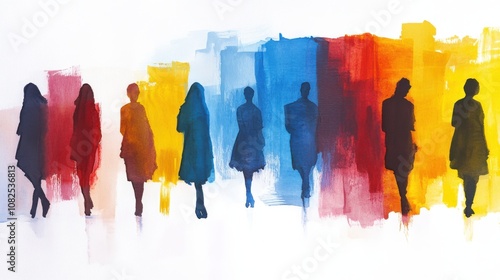 Silhouettes of people against a colorful abstract background. photo