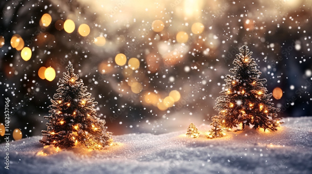 Obraz premium Christmas trees covered by snow with golden lights glowing in winter wonderland landscape