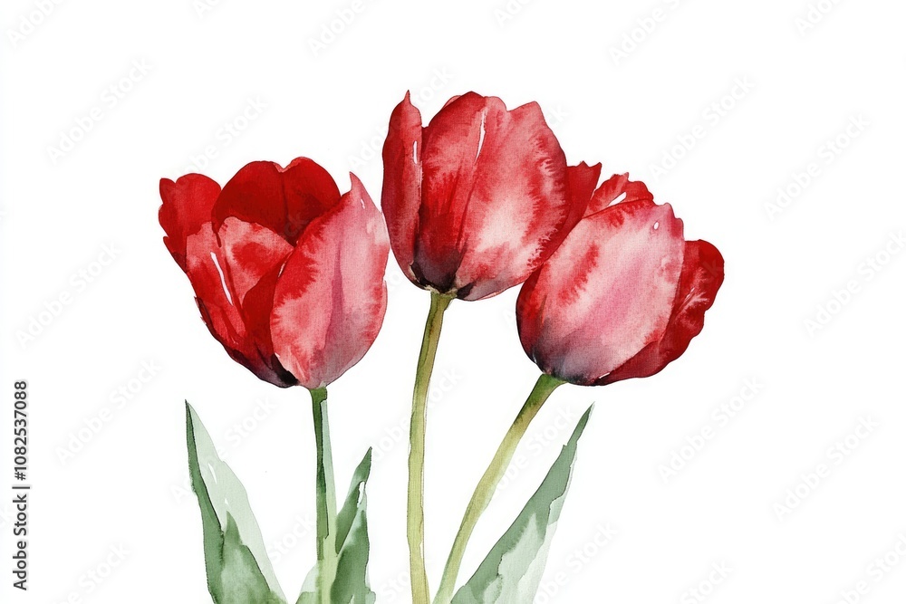 Vibrant Spring Tulip Bouquet. Watercolor Illustration of Red Tulip Flowers Set on White Background Vibrant Spring Tulip Bouquet. Watercolor Illustration of Red Tulip Flowers Set on White Background