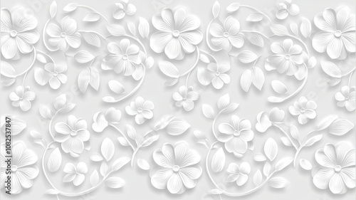 Wallpaper Mural Elegant 3D floral pattern wallpaper featuring intricate white flowers and leaves, creating serene and sophisticated atmosphere for any space Torontodigital.ca