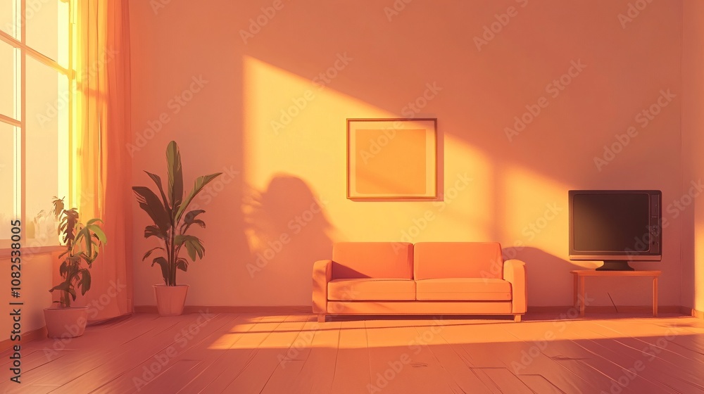 A minimalist anime-style room with a plain wall, a couch, and a TV, warm colors and simple, soothing design
