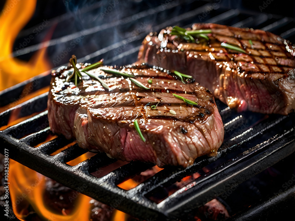 Grilled beef steak on fire Grilled beef steak on fire