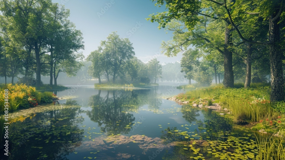 A serene lake surrounded by lush trees and foliage, with a misty morning light filtering through the branches. A serene lake surrounded by lush trees and foliage, with a misty morning light filtering through the branches.