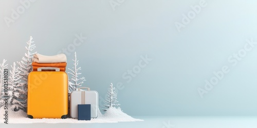 Travel items for a winter vacation concept. A vibrant yellow suitcase stands beside two other bags, surrounded by snowy evergreen trees, evoking a winter travel theme