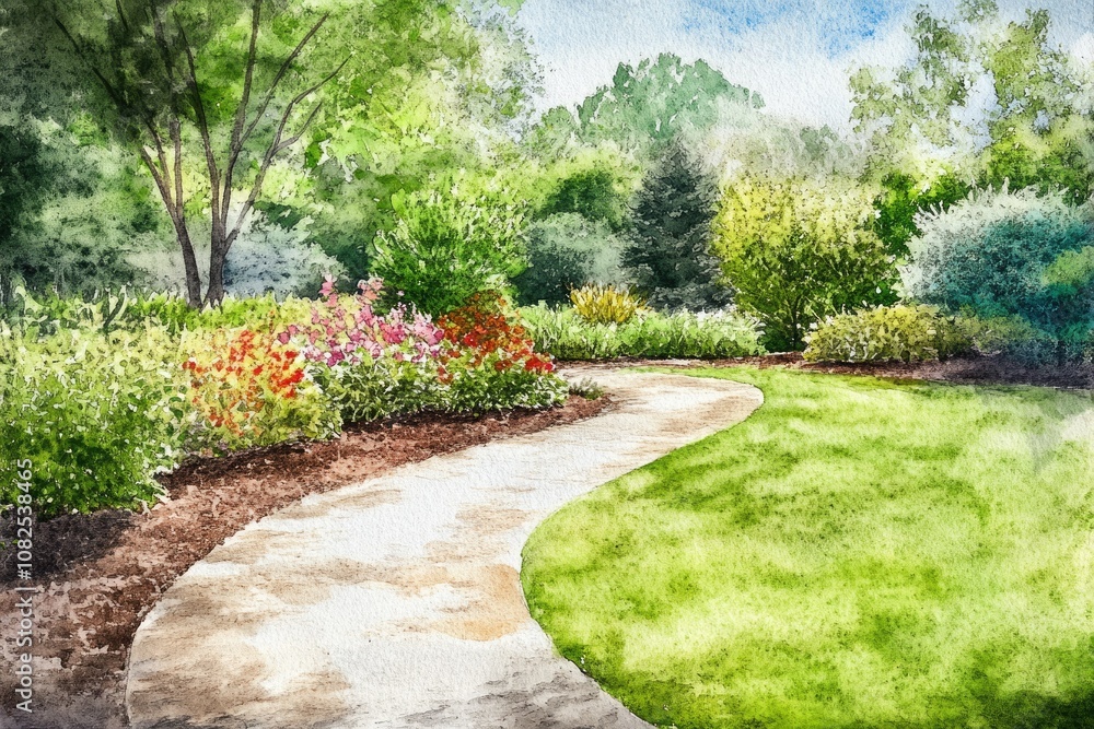 Obraz premium Watercolor Landscape Design: Garden Flower Bed with Walking Path in Modern Environment