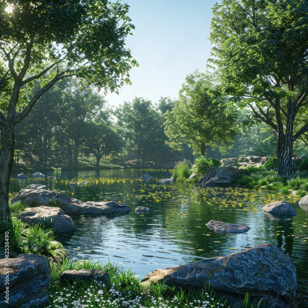 A serene pond surrounded by lush green trees and rocks, with flowers blooming in the water and sunlight filtering through the branches. A serene pond surrounded by lush green trees and rocks, with flowers blooming in the water and sunlight filtering through the branches.