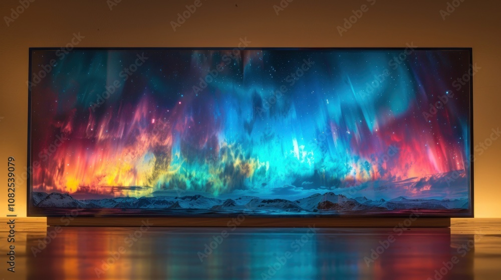 A large flat screen TV displaying a vibrant image of the Northern Lights. A large flat screen TV displaying a vibrant image of the Northern Lights.