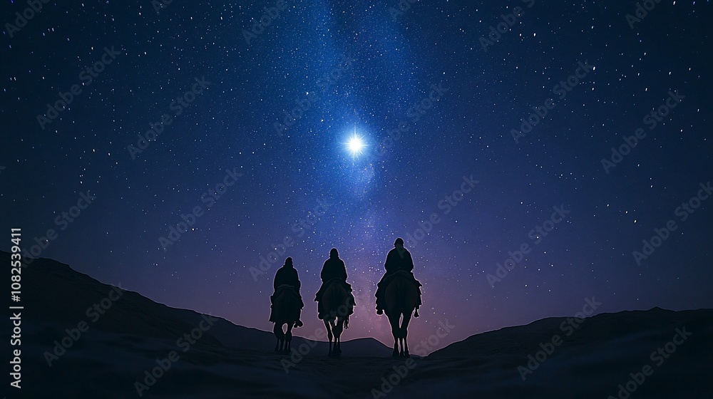 Three wise men riding camels under a starry night sky, following the star of Bethlehem. Three wise men riding camels under a starry night sky, following the star of Bethlehem.