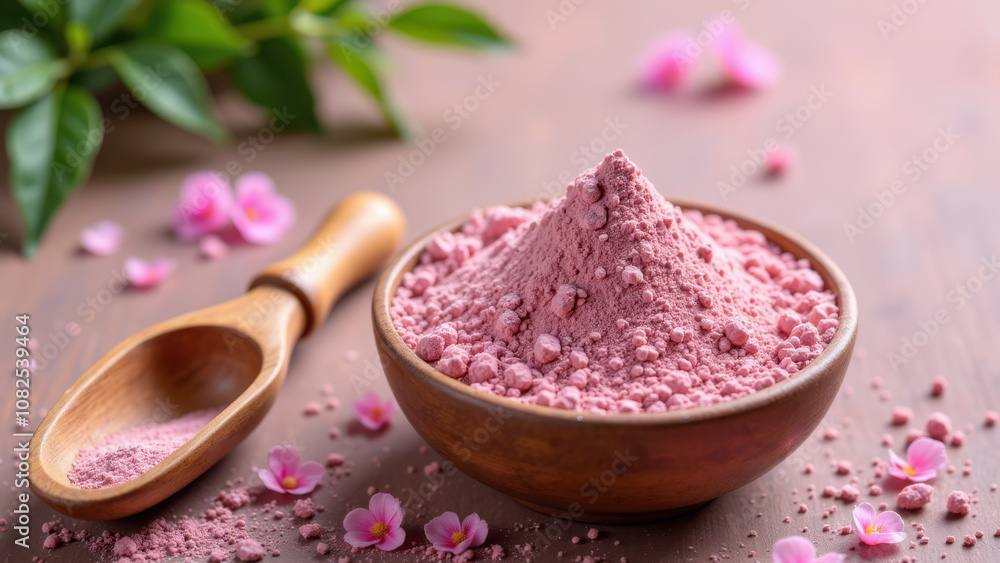 Bowl filled with pink matcha powder resting on wooden surface with scattered petals around. Bowl filled with pink matcha powder resting on wooden surface with scattered petals around.