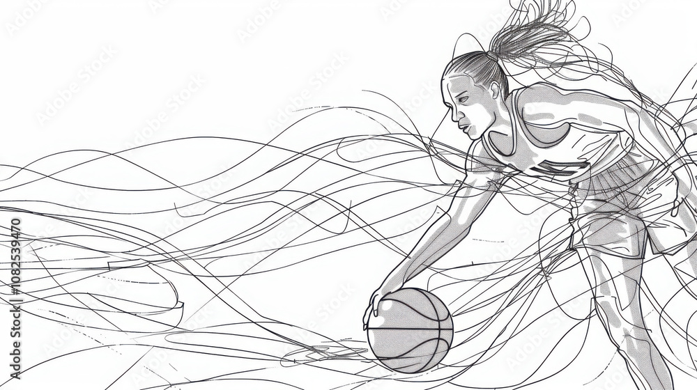 Continuous single one line drawing of basketball woman player. Continuous single one line drawing of basketball woman player.