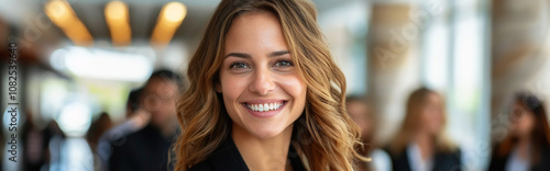 Professional Smiling Businesswoman in Office Hallway - Confidence and Success