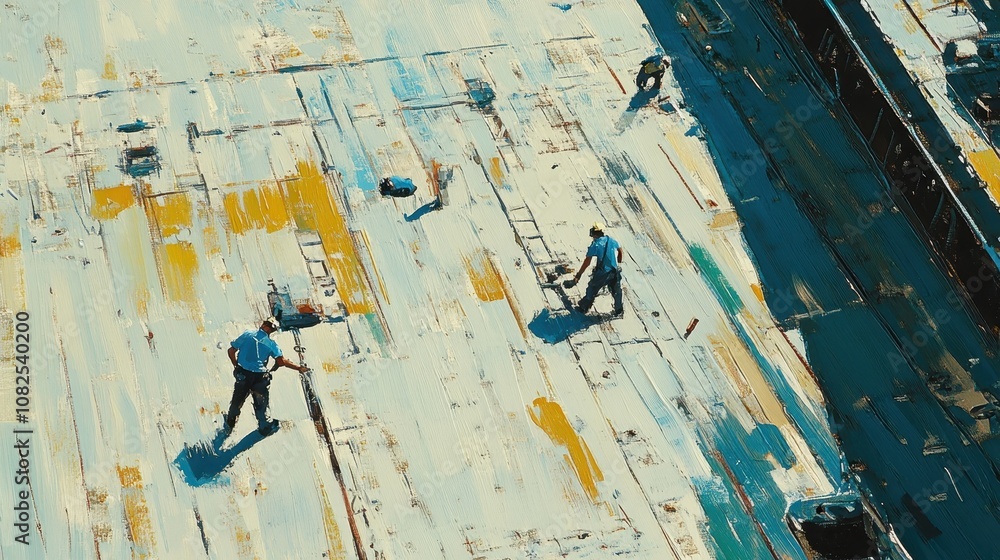 Fototapeta premium Workers Aligning Sections of a Large Deck in Daylight