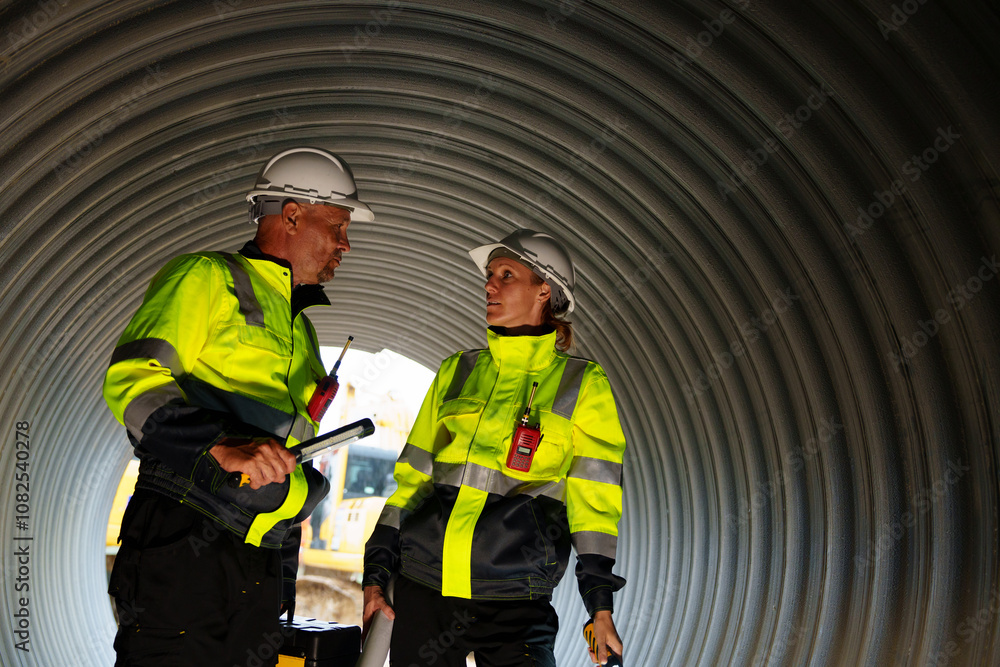 Female and male engineers work inside a large steel pipe. Workers build pipelines to transport oil, natural gas and fuels in industrial plants. Female and male engineers work inside a large steel pipe. Workers build pipelines to transport oil, natural gas and fuels in industrial plants.