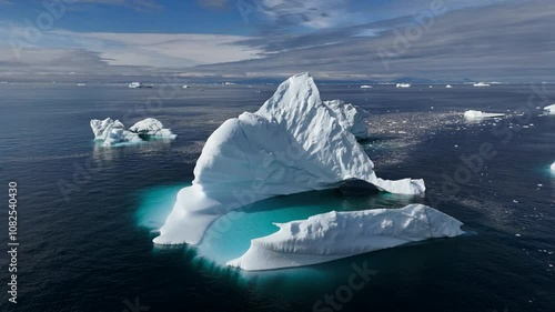 Huge icebergs floating in the water off the coast of Greenland, close to Oqaatsut near Ilulissat. Aerial view.