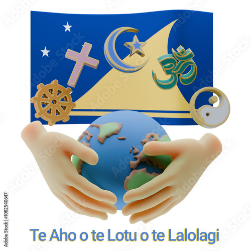 Harmonized 3D renders of World Religion Day Written in Tokelau Language and Flags photo