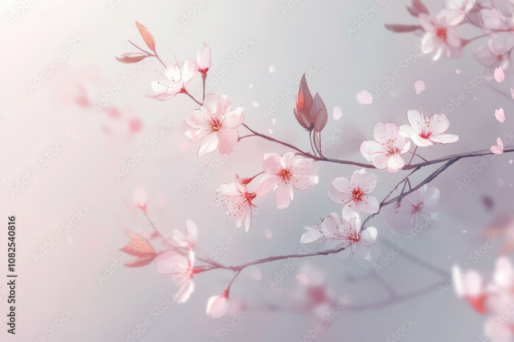 Fototapeta premium Delicate Sakura Blossom Watercolor Painting on White Background