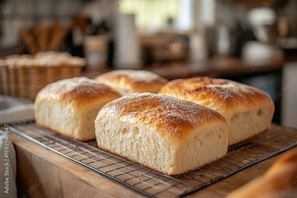 Bread on a Wire Rack with Blurred Kitchen Background Bread on a Wire Rack with Blurred Kitchen Background