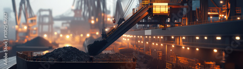 Automated shiploader transferring coal into large vessel at night, showcasing industrial operations with glowing lights and heavy machinery photo