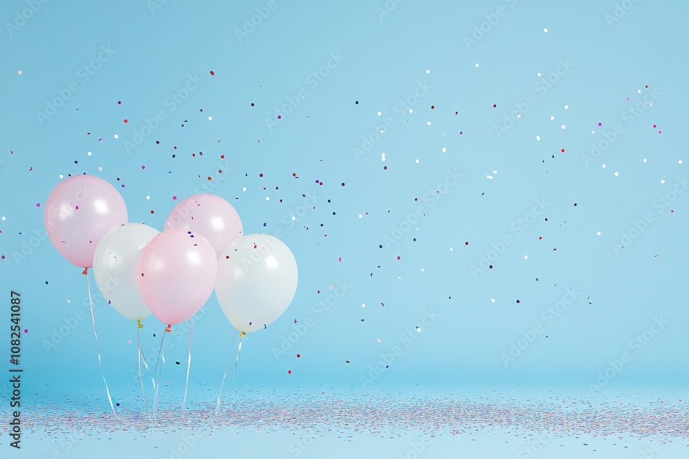 Fototapeta premium Birthday Party Scene with Balloons and Confetti on a Blue Background