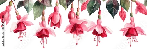 Hand Drawn Fuchsia Flower Border. Elegant Watercolor Illustration for Profile Header