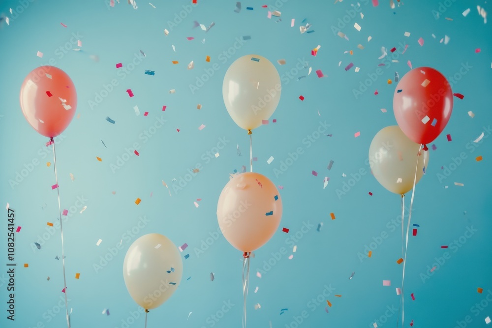 Fototapeta premium Birthday Party Scene with Balloons and Confetti on a Blue Background