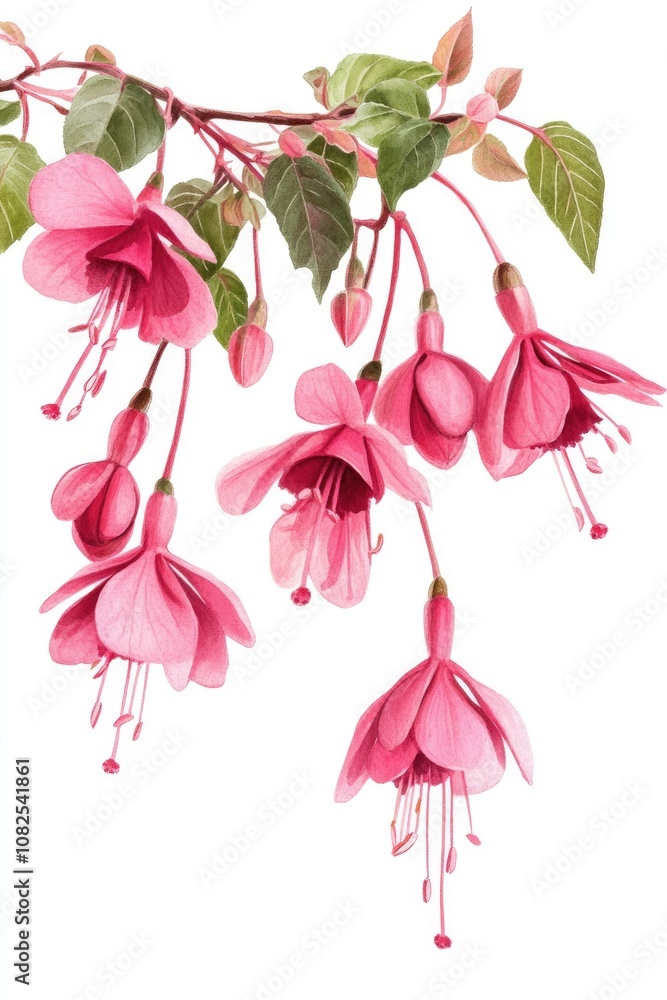 Fototapeta premium Hand-drawn Watercolor Fuchsia Blossoms in Bright Pink Spring Garden Illustration