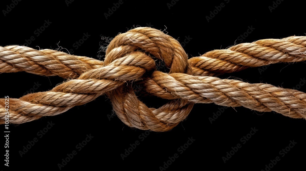 A close-up of a knotted rope against a black background. The rope is brown and worn, and the knot is tied tightly. A close-up of a knotted rope against a black background. The rope is brown and worn, and the knot is tied tightly.