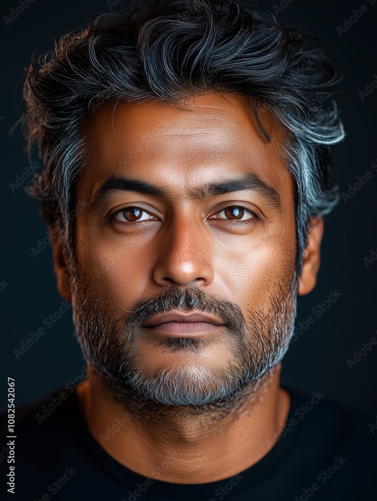 Fototapeta premium Portrait of a young Indian man with a beard with a thoughtful expression, soft studio lighting on a dark background