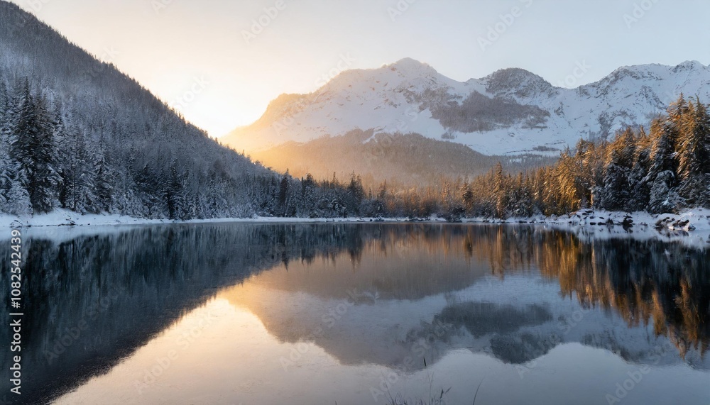 Serene Lake Nestled Between Snow-Capped Peaks and Lush Forests, Reflecting the Sunshine and Surrounding Scenery on Its Glassy Surface During Early Morning Serene Lake Nestled Between Snow-Capped Peaks and Lush Forests, Reflecting the Sunshine and Surrounding Scenery on Its Glassy Surface During Early Morning