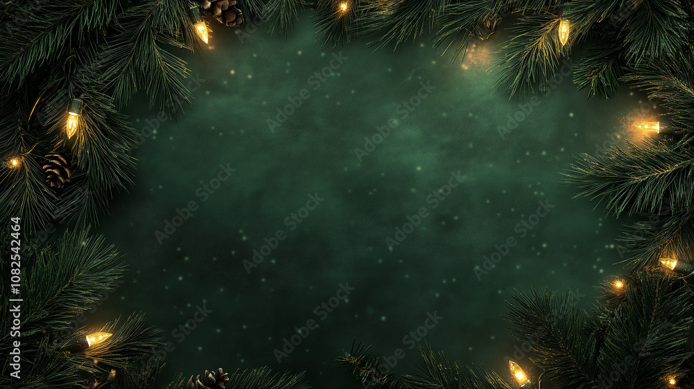 Christmas Pine Frame with Twinkling Lights on Green Background Christmas Pine Frame with Twinkling Lights on Green Background