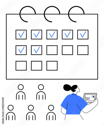 Large calendar with checkmarks, person with blue shirt holding a laptop, multiple outline figures. Ideal for organization, scheduling, planning, teamwork, time management, productivity, meetings