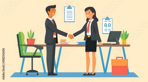 Two professionals shaking hands in an office setting, symbolizing collaboration and agreement.