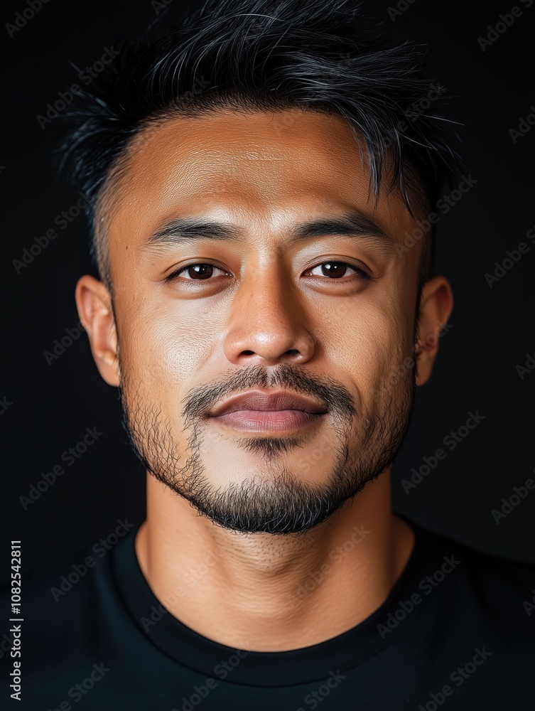 Obraz premium Portrait of a young Indonesian man with a beard with a thoughtful expression, soft studio lighting on a dark background